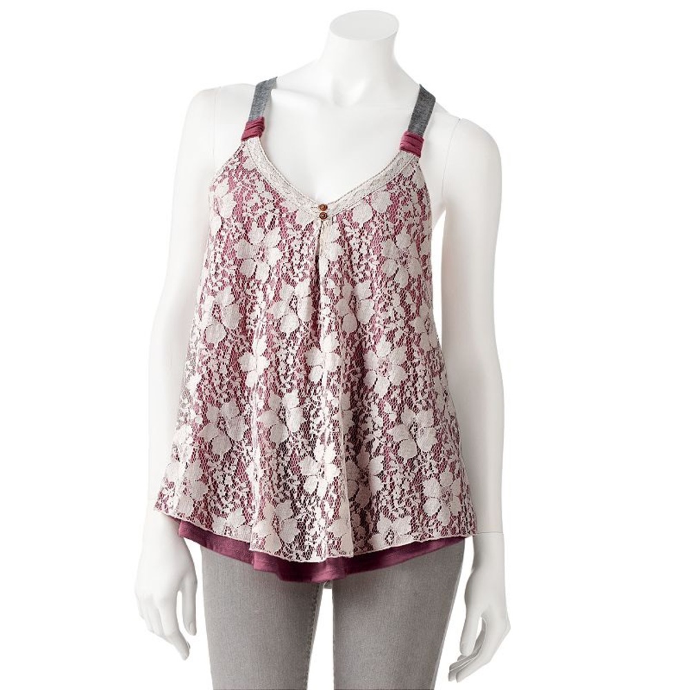 Rewind Lace Racerback Tank Top - Juniors XSmall - Faux Buttons & Scoopneck